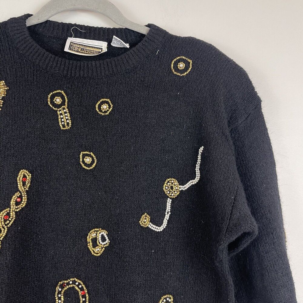 Vintage 90s Black‎ Silk Blend Sweater Multi-Color Beaded Anytime Glitz Small - Picture 2 of 9